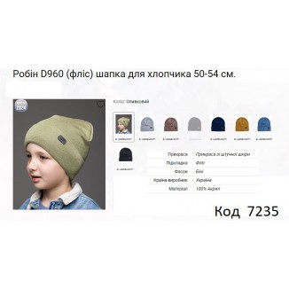 ALex Шапка в'язана на флісі для хлопчика РОБІН D960  50-54  5 шт.