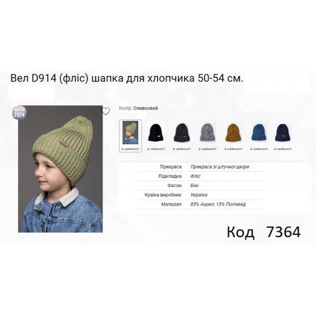 ALex Шапка в'язана на флісі для хлопчика ВЕЛ D914  50-54   5 шт.