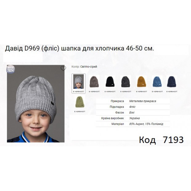 ALex Шапка в'язана на флісі для хлопчика ДАВІД D969  46-50  5 шт.