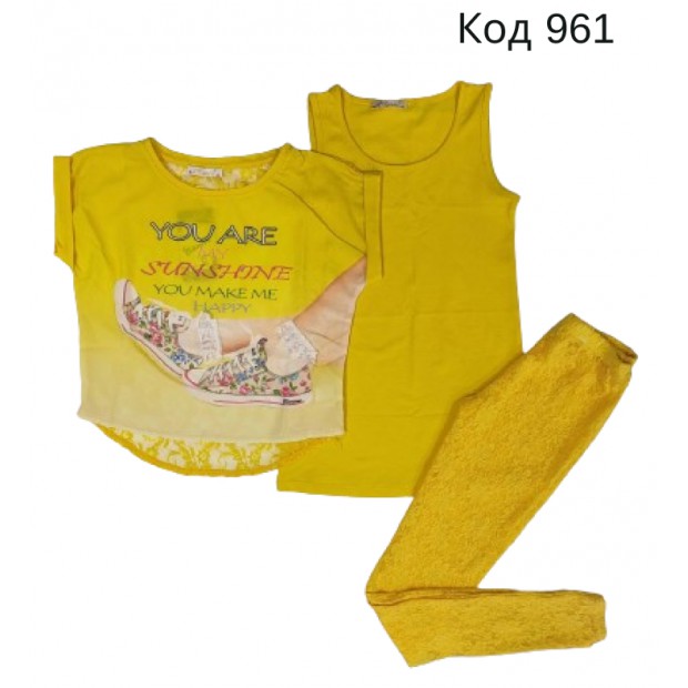 Tr Костюм для дівчинки ( Футболка+майка+лосини мереживо)128-152  .4(2)шт.