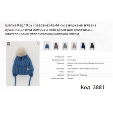 ALex Шапка в'язана синтепон на трикотажі для хлопчика (на зав'язках) КАРЛ  К-62 42-44   5шт.