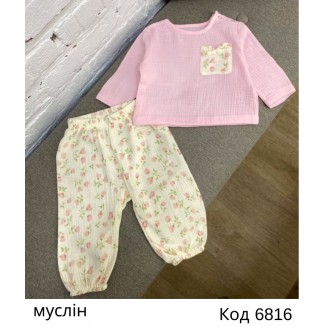 ББ Костюм (Сорочечка+штани) для дівчинки МУСЛІН малюнок   68,74,80,86  4 шт