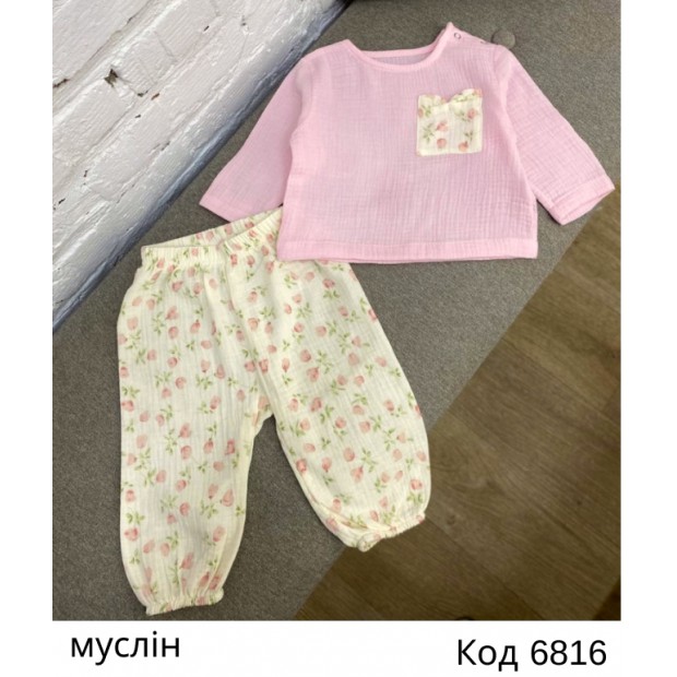 ББ Костюм (Сорочечка+штани) для дівчинки МУСЛІН малюнок   68,74,80,86  4 шт