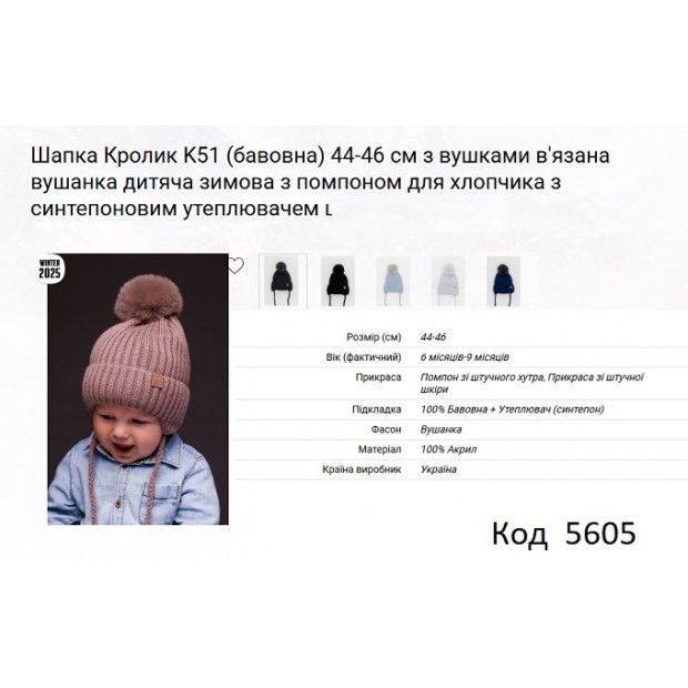 ALex Шапка в'язана синтепон на трикотажі для хлопчика (на зав'язках) КРОЛИК  К-51 44-46   5шт.