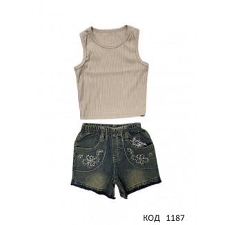 Ukr Коcтюм для дівчинки(Топ+шорти джинс) 98-110  3шт.